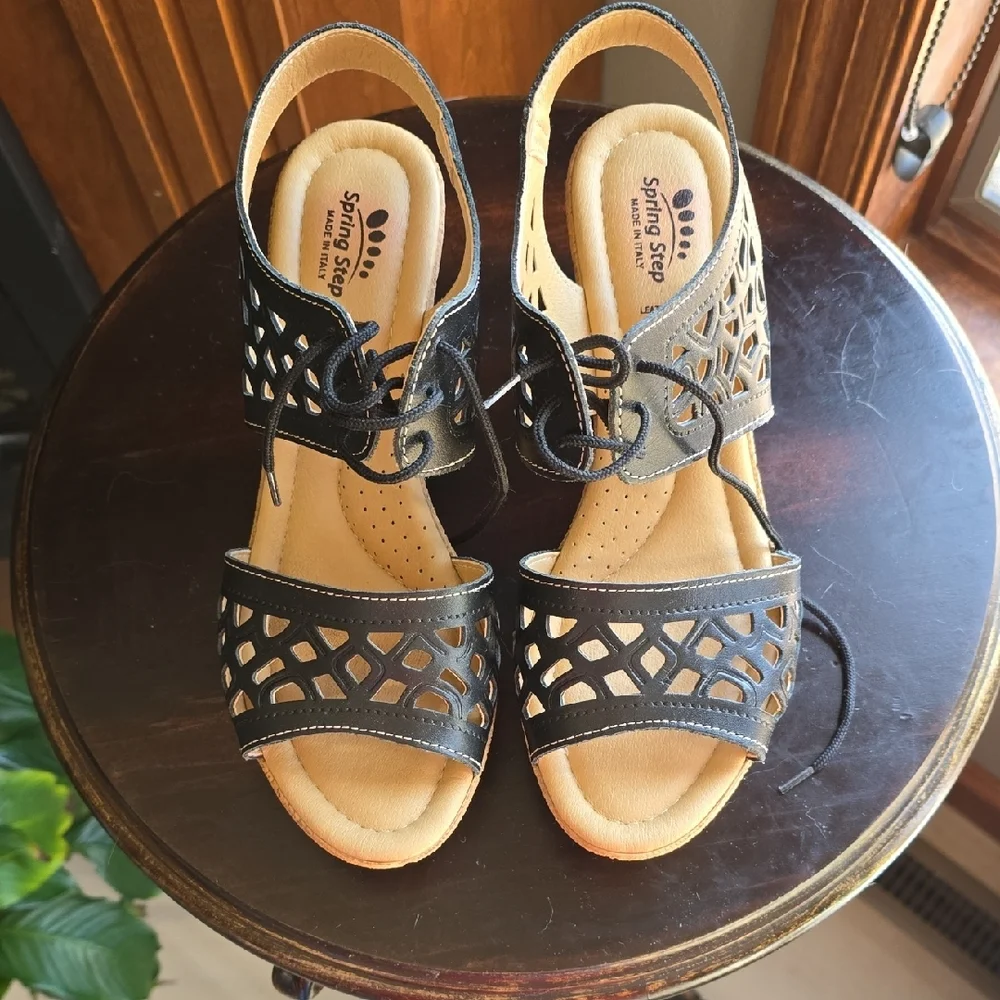 Spring Step Black Wedge Sandals - Picture 2 of 6